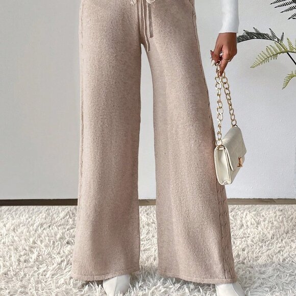Khaki Casual Womens Drawstring Waist Wide Leg Knit Pants - Picture 3 of 5